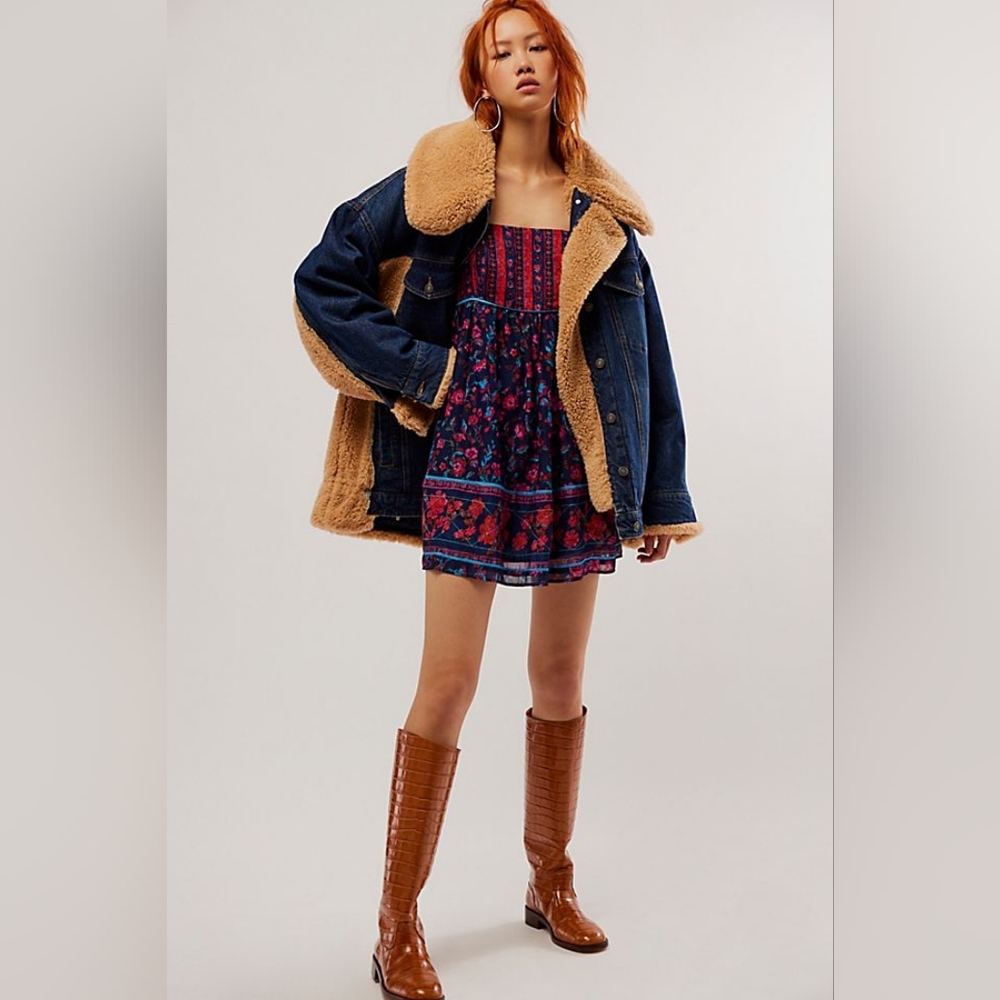 Free People Navy Blue Floral Mini Dress with Pink and Teal Accents - Picture 2 of 4